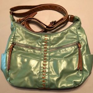 Large sage green and brown Bueno handbag